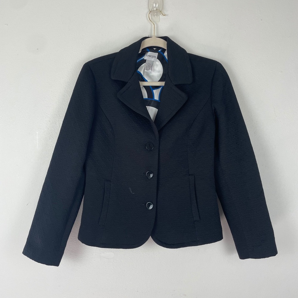 Chico's Black Textured Quilted Blazer Jacket Size 0/‎ S Career Office Business